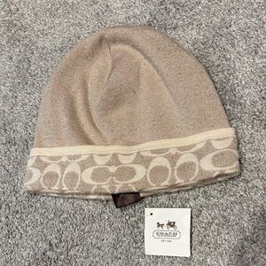 Coach Beige Knit Beanie with Signature Pattern